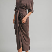 Tencel Ruched Front Tie Shirt Maxi Dress – Chocolate Brown