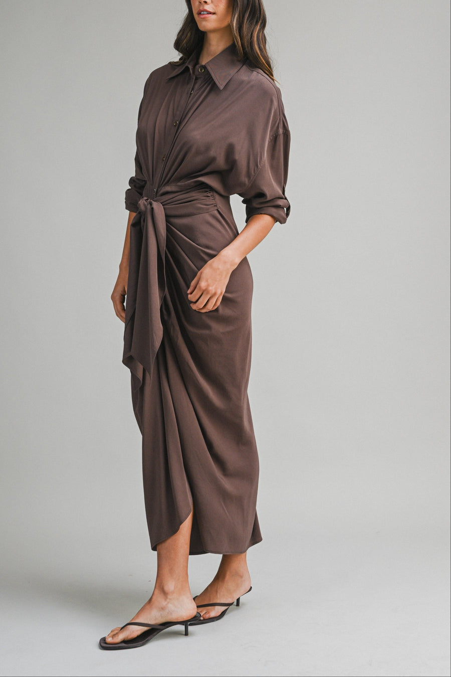 Tencel Ruched Front Tie Shirt Maxi Dress – Chocolate Brown