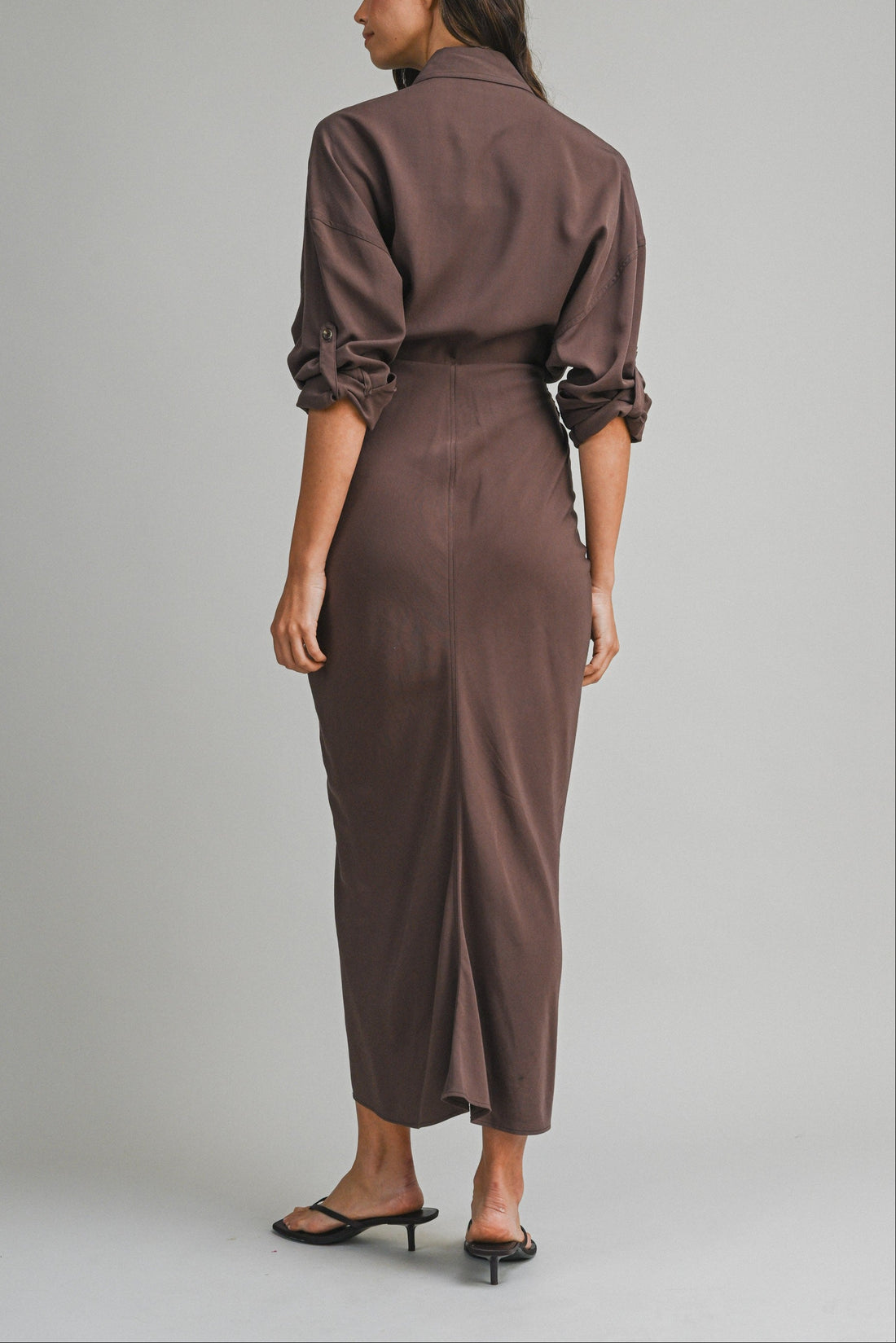 Tencel Ruched Front Tie Shirt Maxi Dress – Chocolate Brown