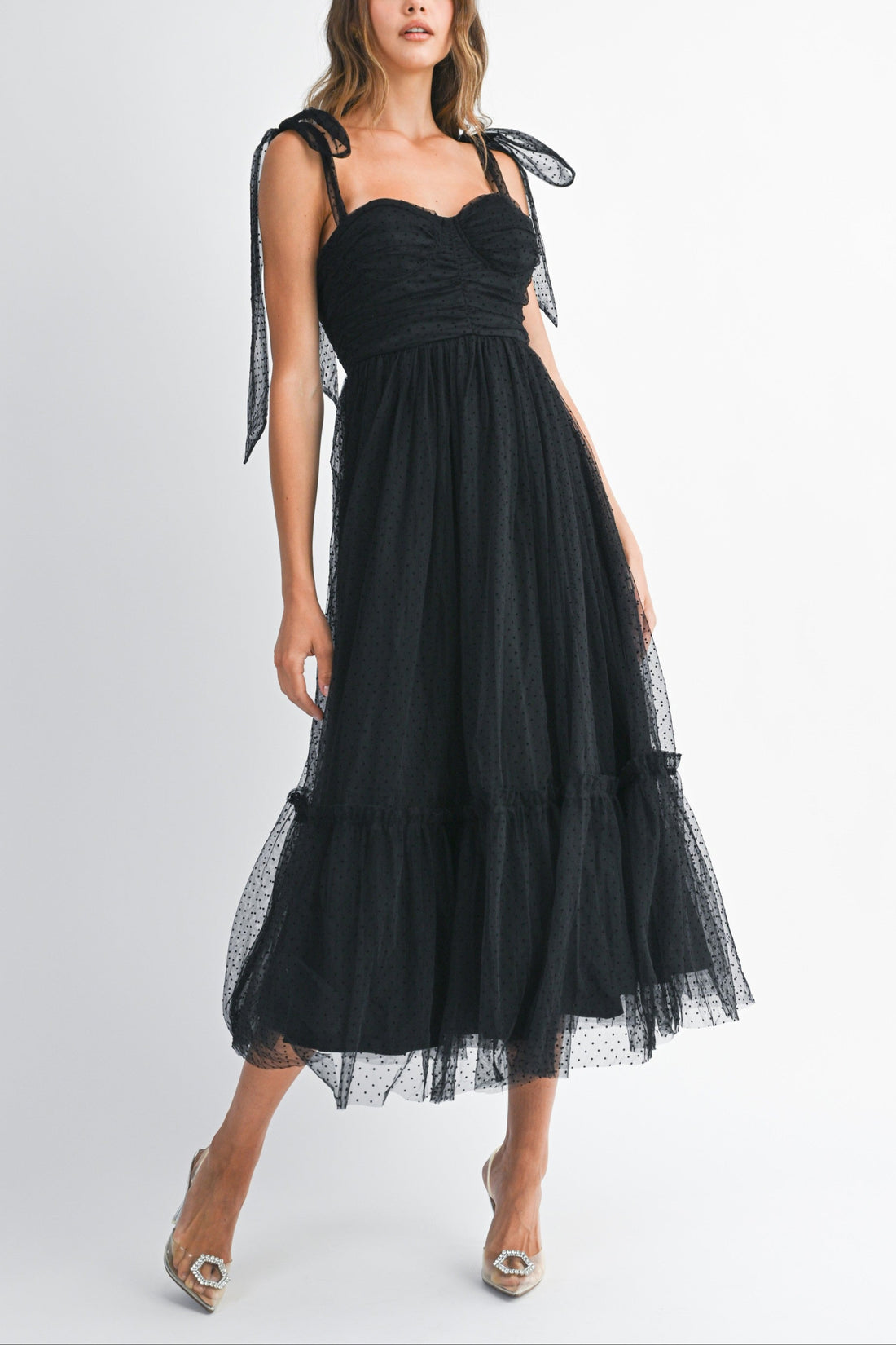 Polka Dot Mesh Tie Shoulder Midi Dress