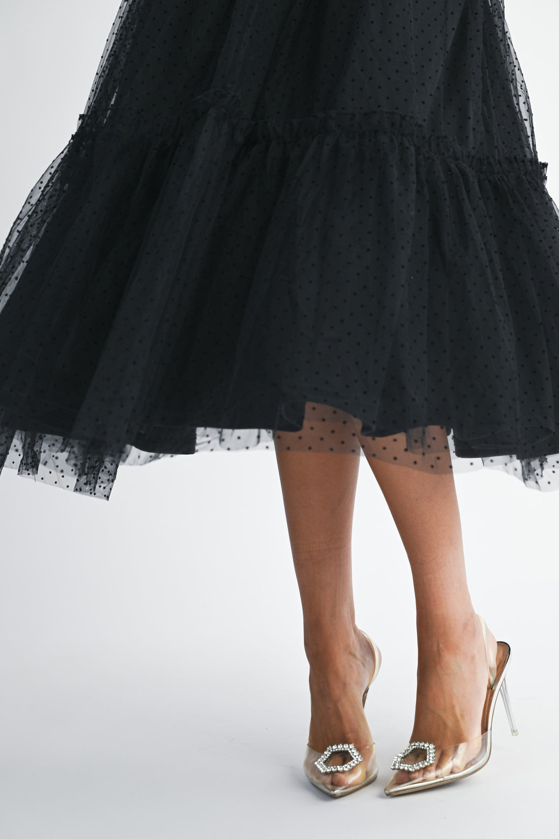 Polka Dot Mesh Tie Shoulder Midi Dress