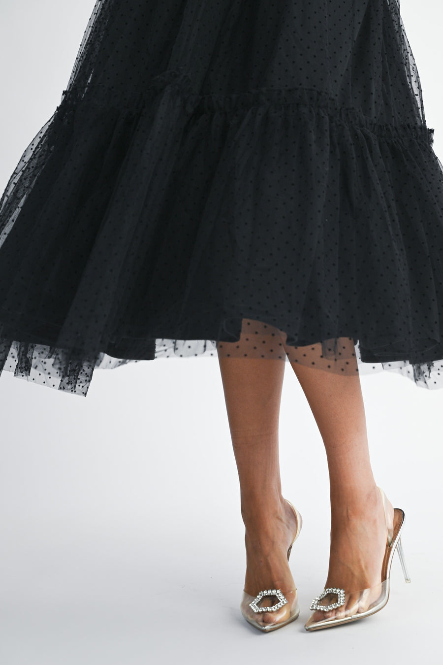 Polka Dot Mesh Tie Shoulder Midi Dress