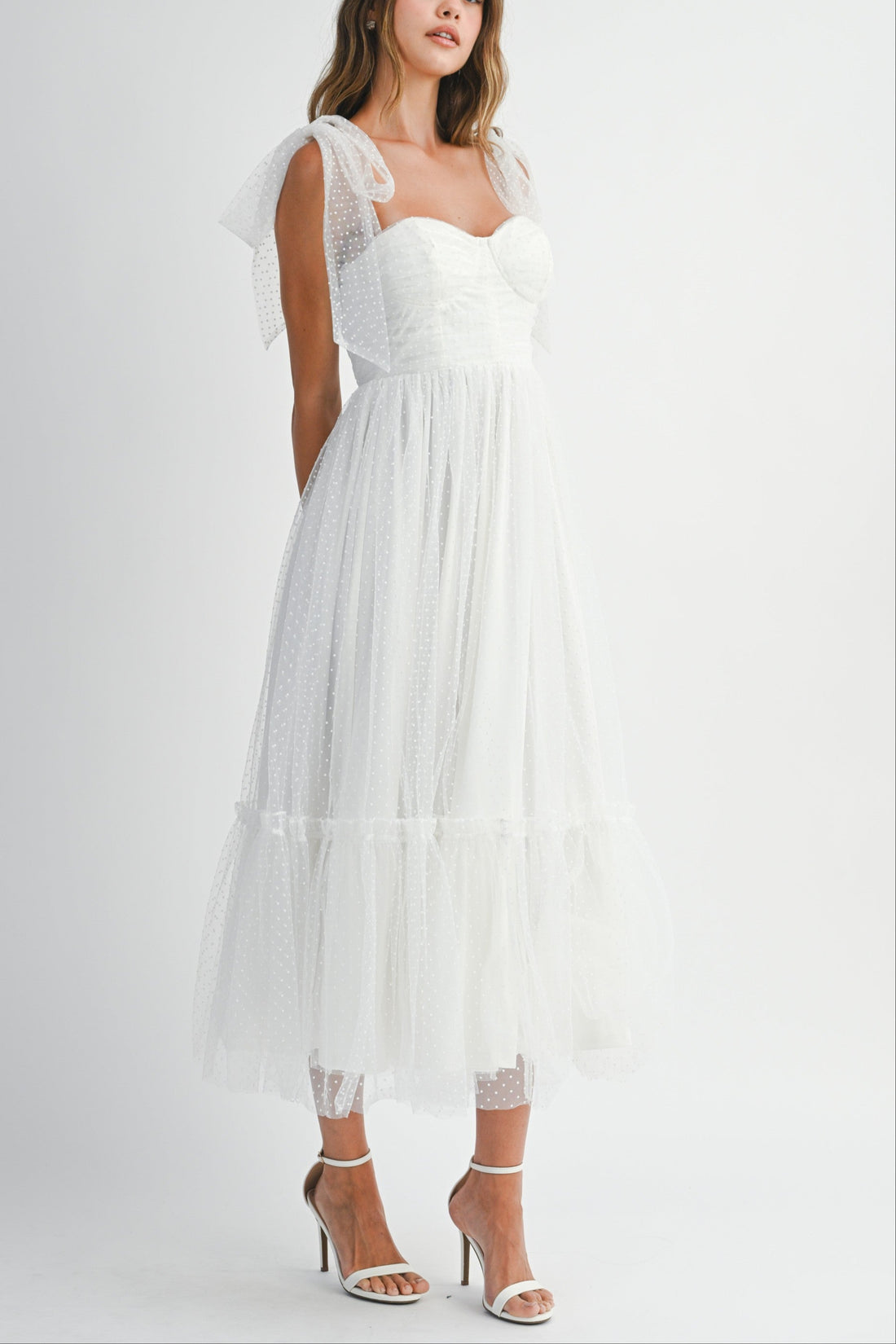 Polka Dot Mesh Tie Shoulder Midi Dress