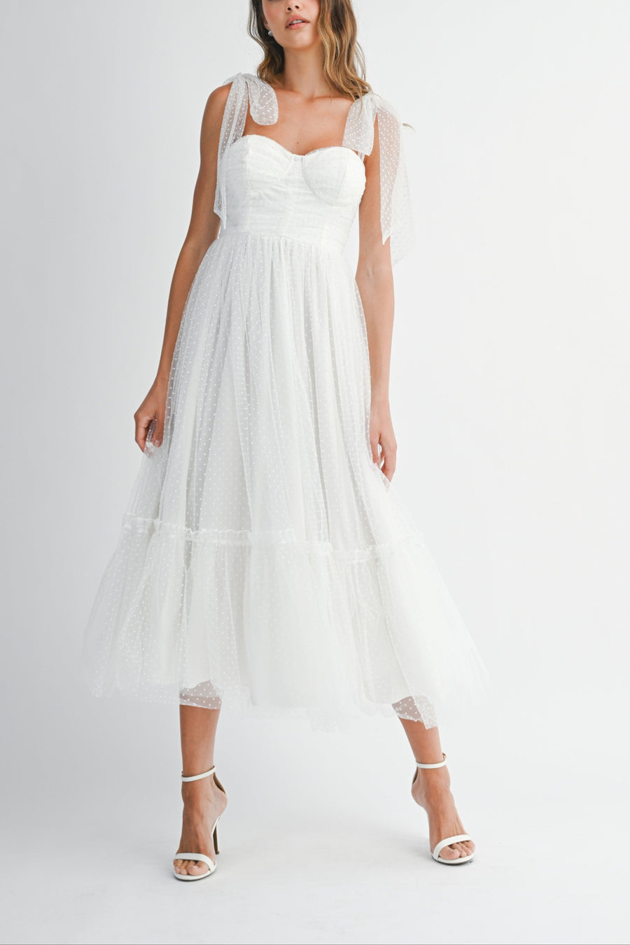 Polka Dot Mesh Tie Shoulder Midi Dress