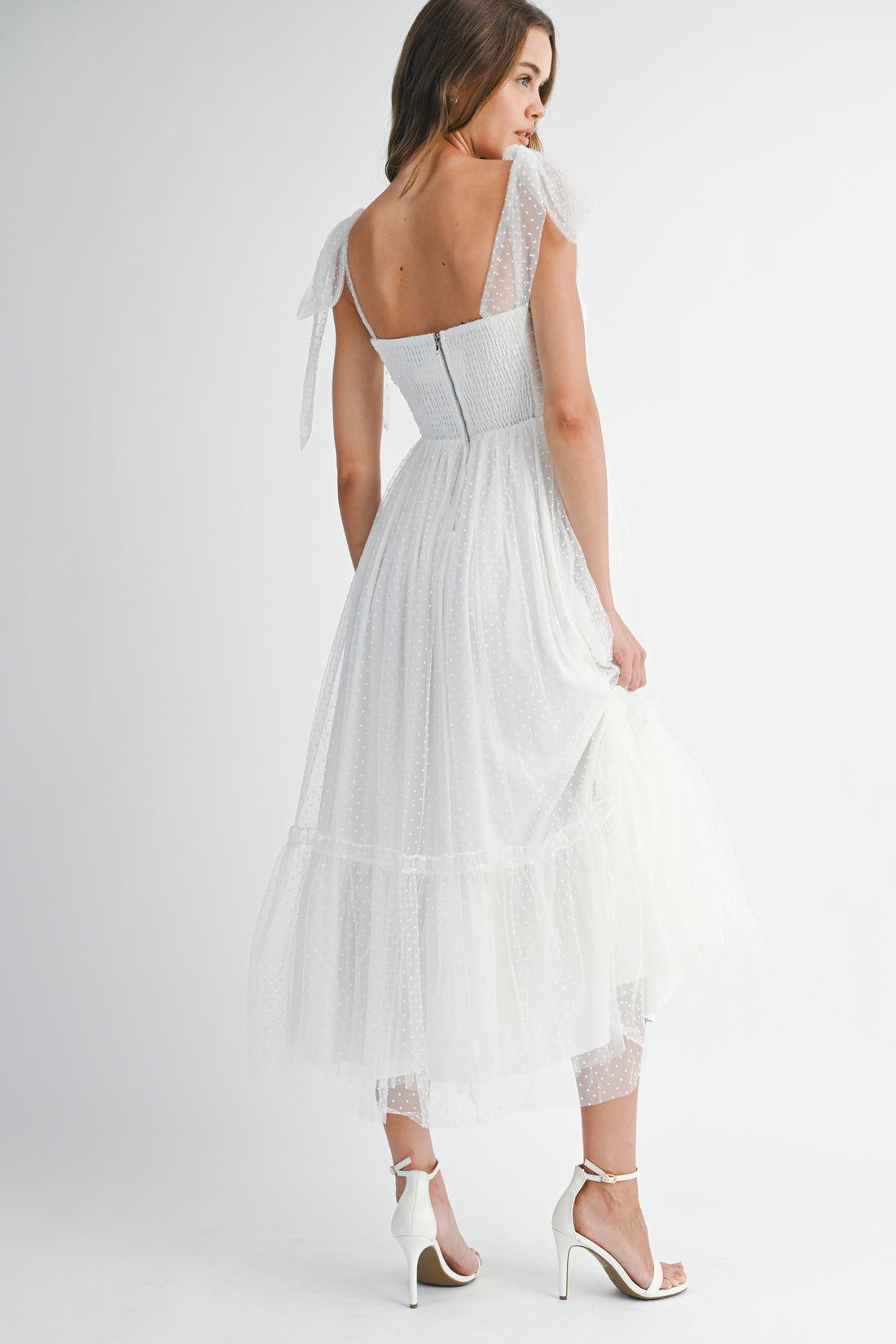 Polka Dot Mesh Tie Shoulder Midi Dress