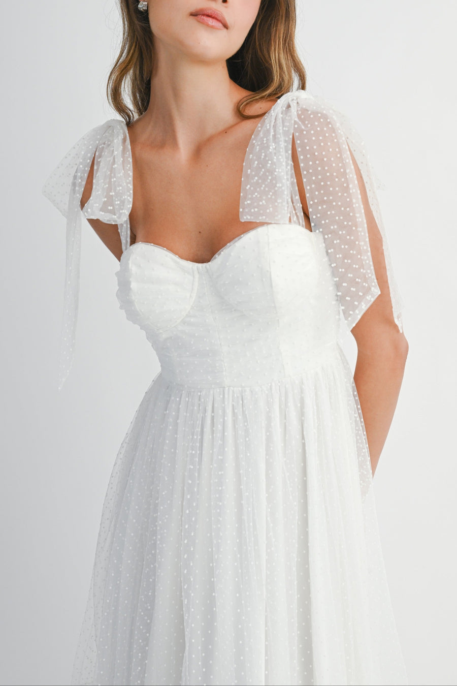 Polka Dot Mesh Tie Shoulder Midi Dress