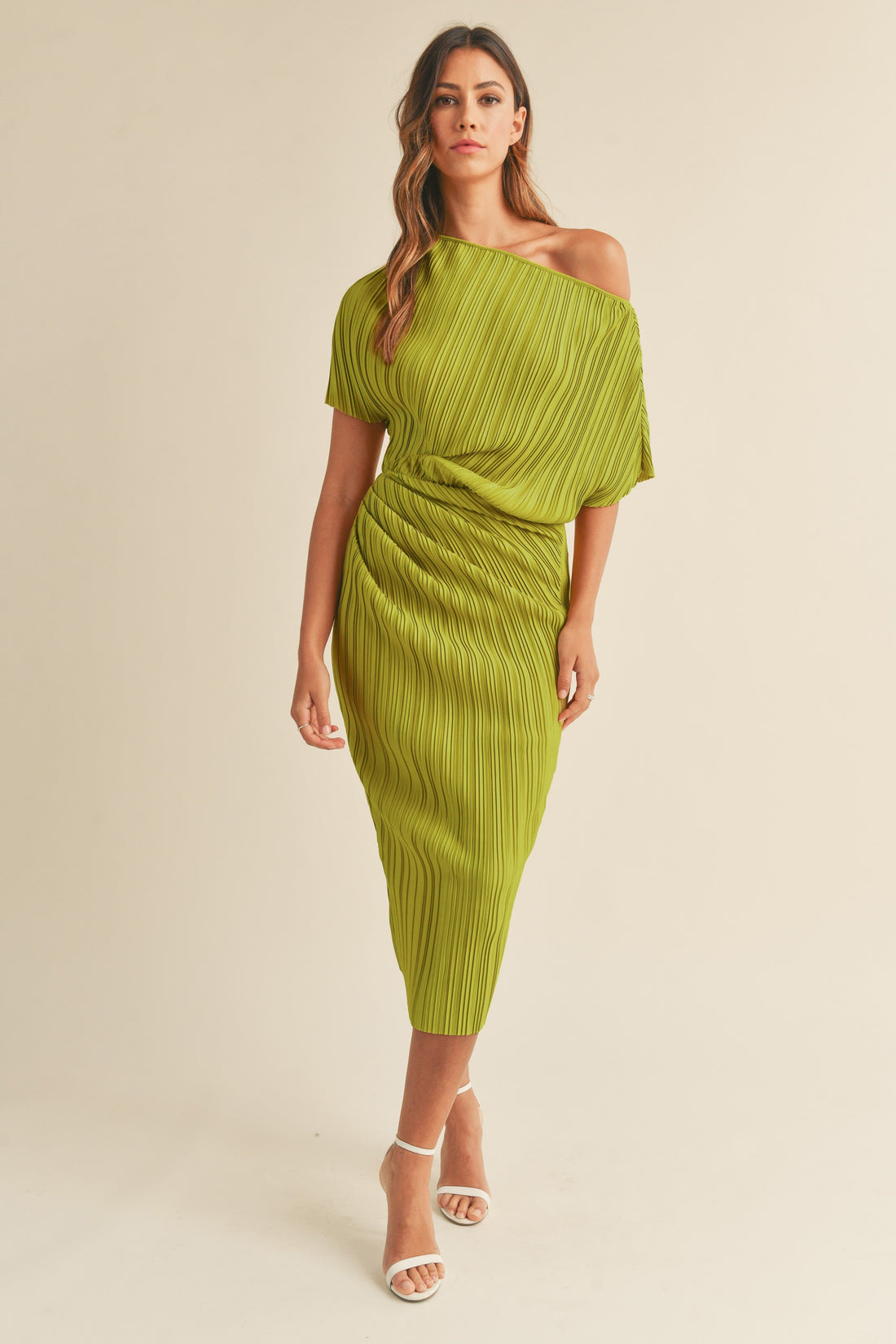 One Shoulder Pleated Midi Dress