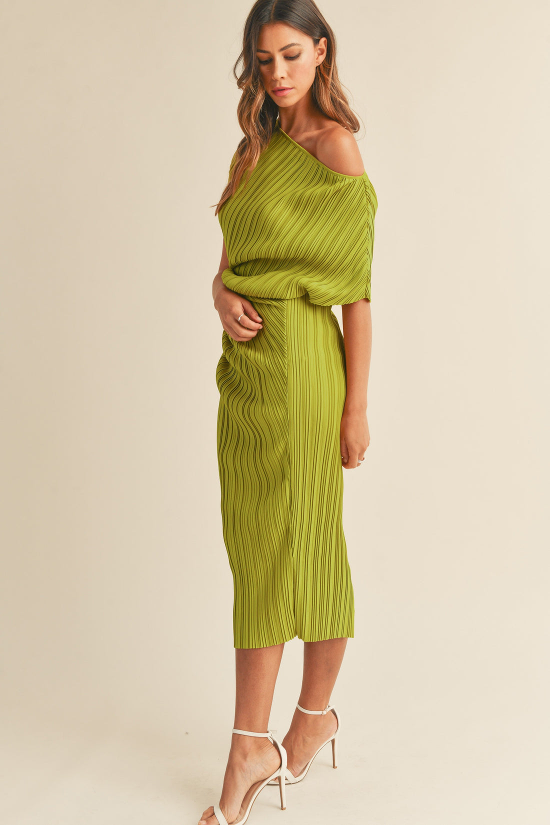 One Shoulder Pleated Midi Dress