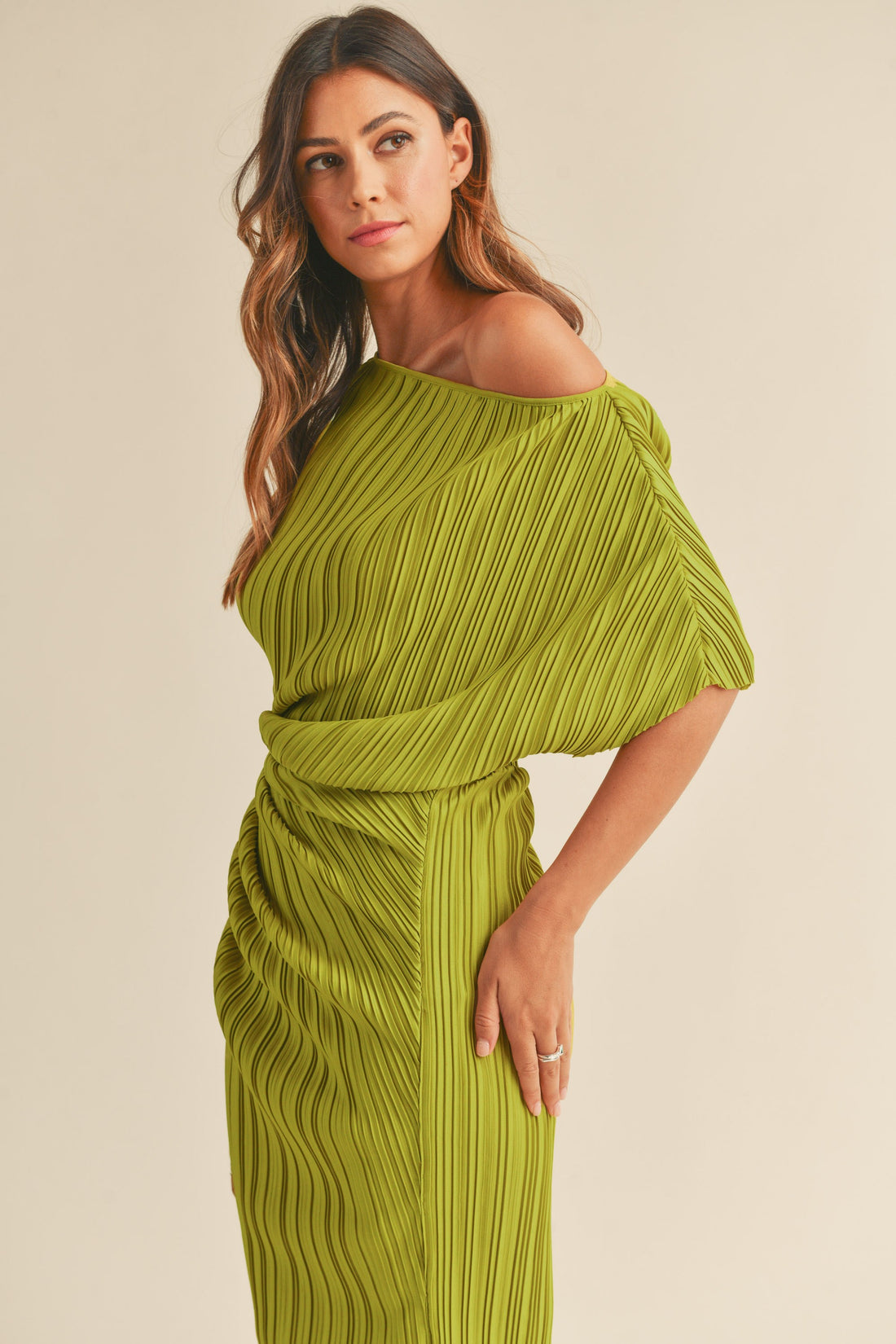 One Shoulder Pleated Midi Dress