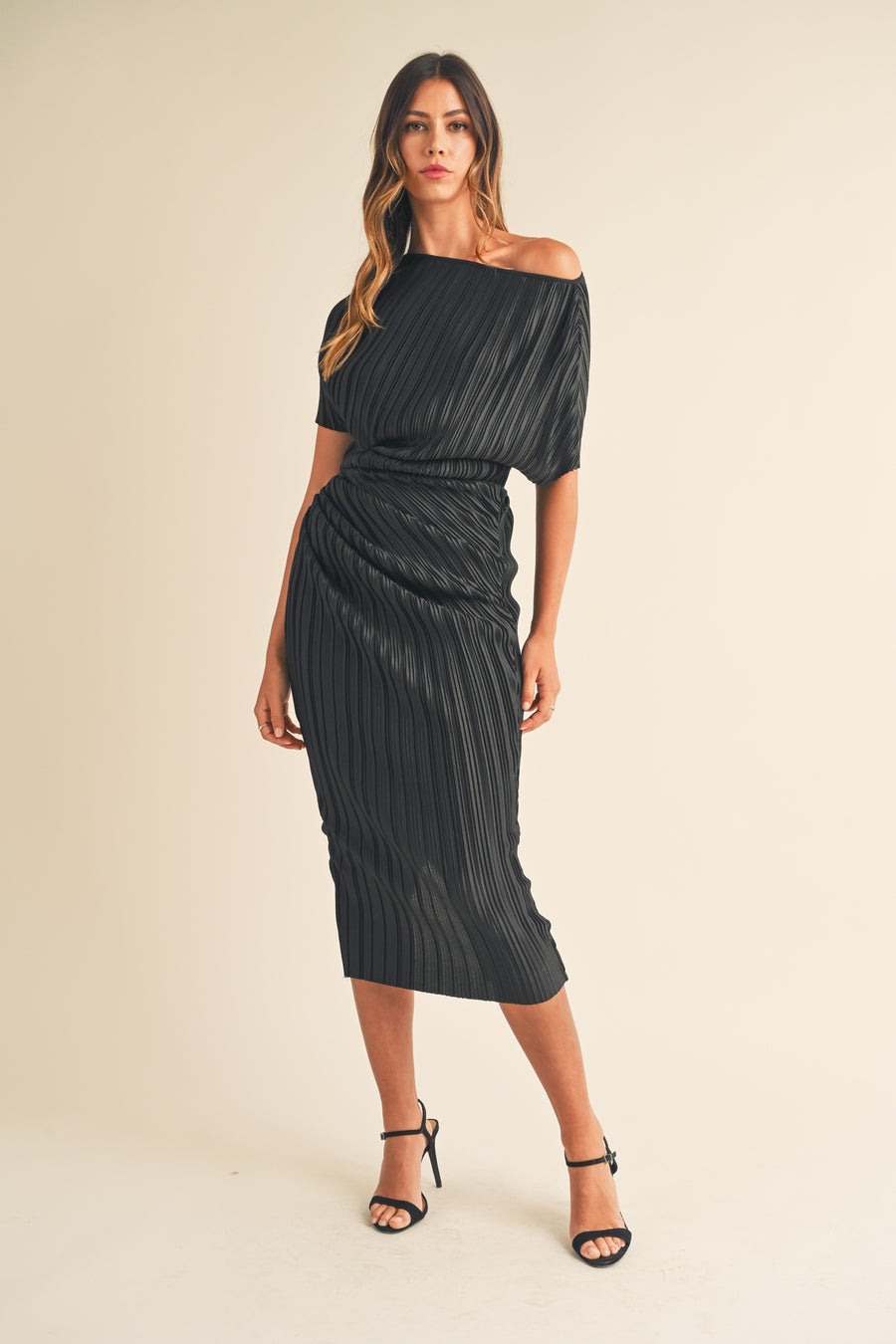 One Shoulder Pleated Midi Dress