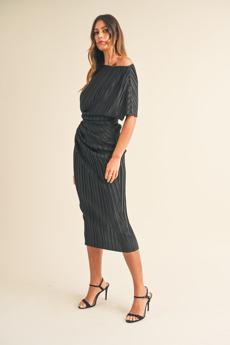 One Shoulder Pleated Midi Dress