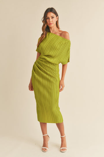 One Shoulder Pleated Midi Dress