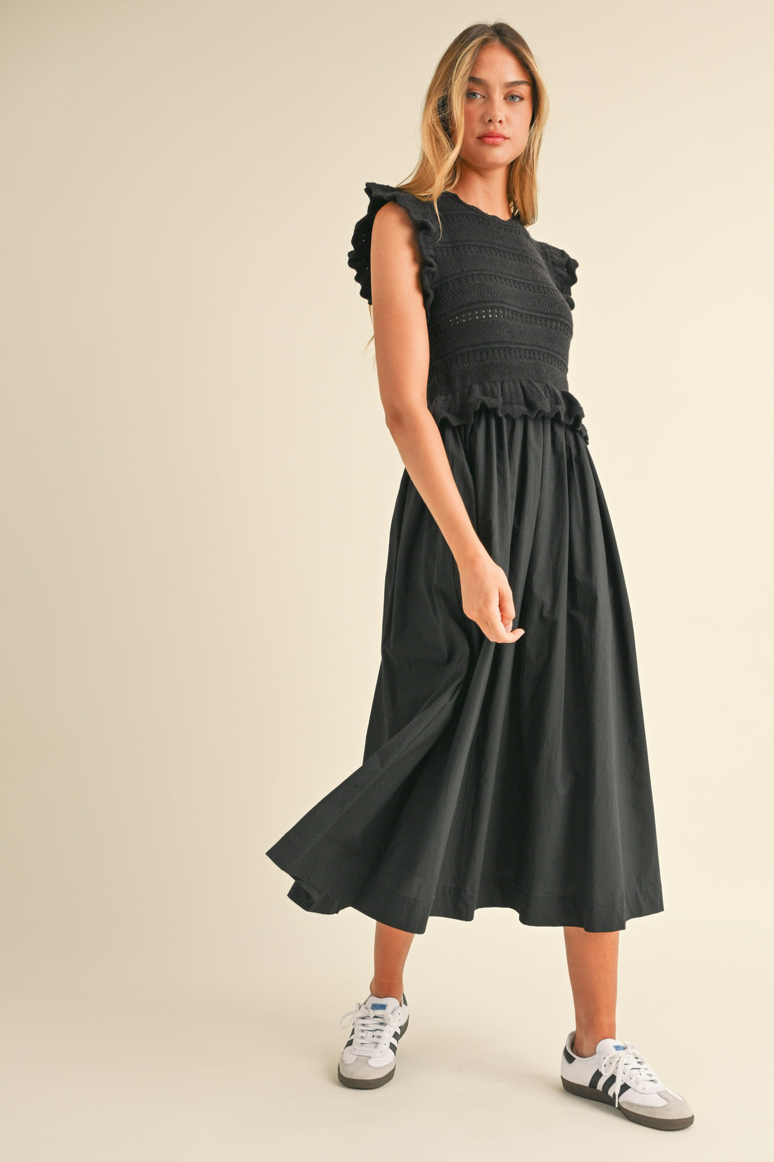 Ruffle Sleeve Knit Twofer Maxi Dress