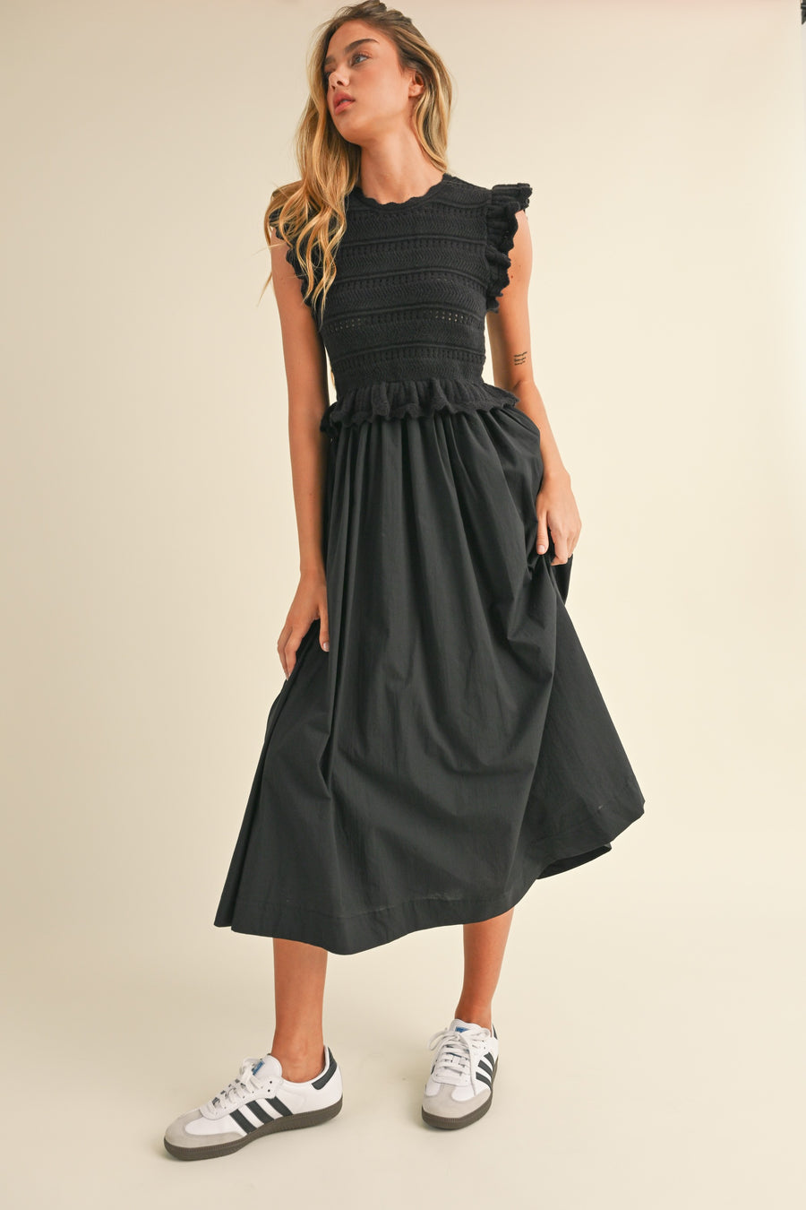 Ruffle Sleeve Knit Twofer Maxi Dress