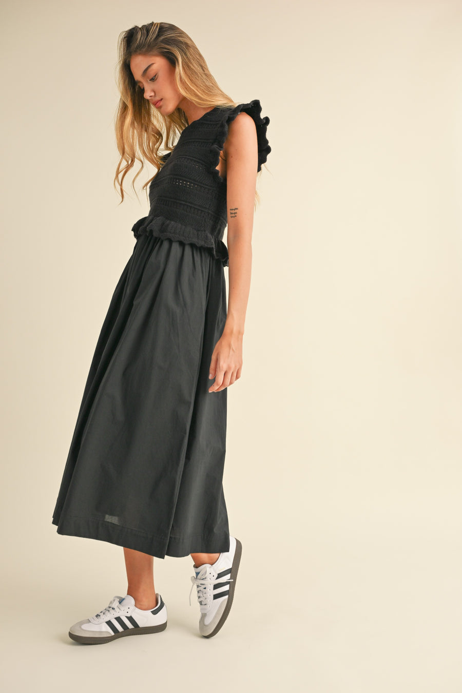 Ruffle Sleeve Knit Twofer Maxi Dress