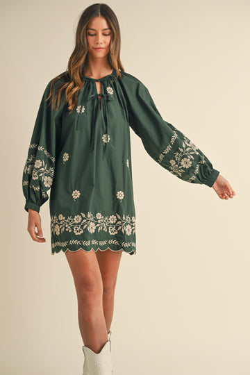 Embroidered Long Sleeves Shift Mini Dress