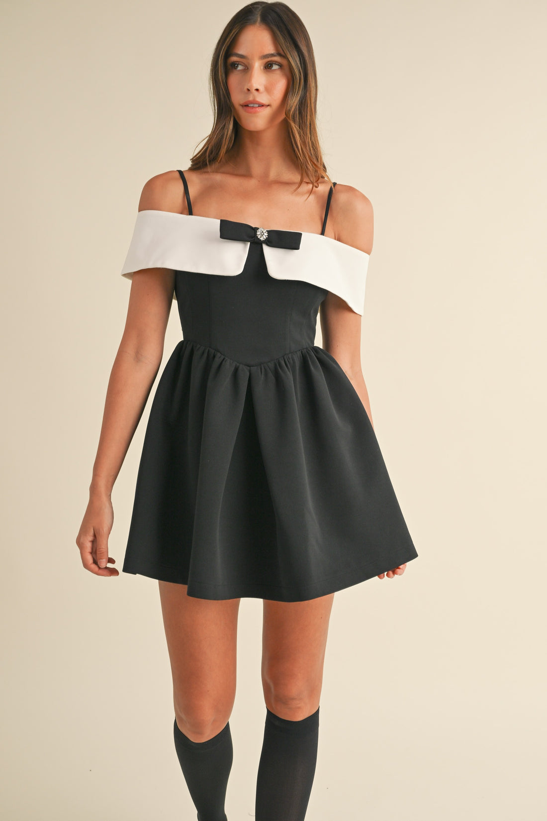 Bow Detail Off Shoulder Contrast Fit & Flare Dress