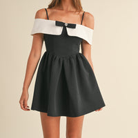 Bow Detail Off Shoulder Contrast Fit & Flare Dress