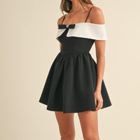 Bow Detail Off Shoulder Contrast Fit & Flare Dress