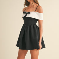 Bow Detail Off Shoulder Contrast Fit & Flare Dress