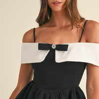 Bow Detail Off Shoulder Contrast Fit & Flare Dress