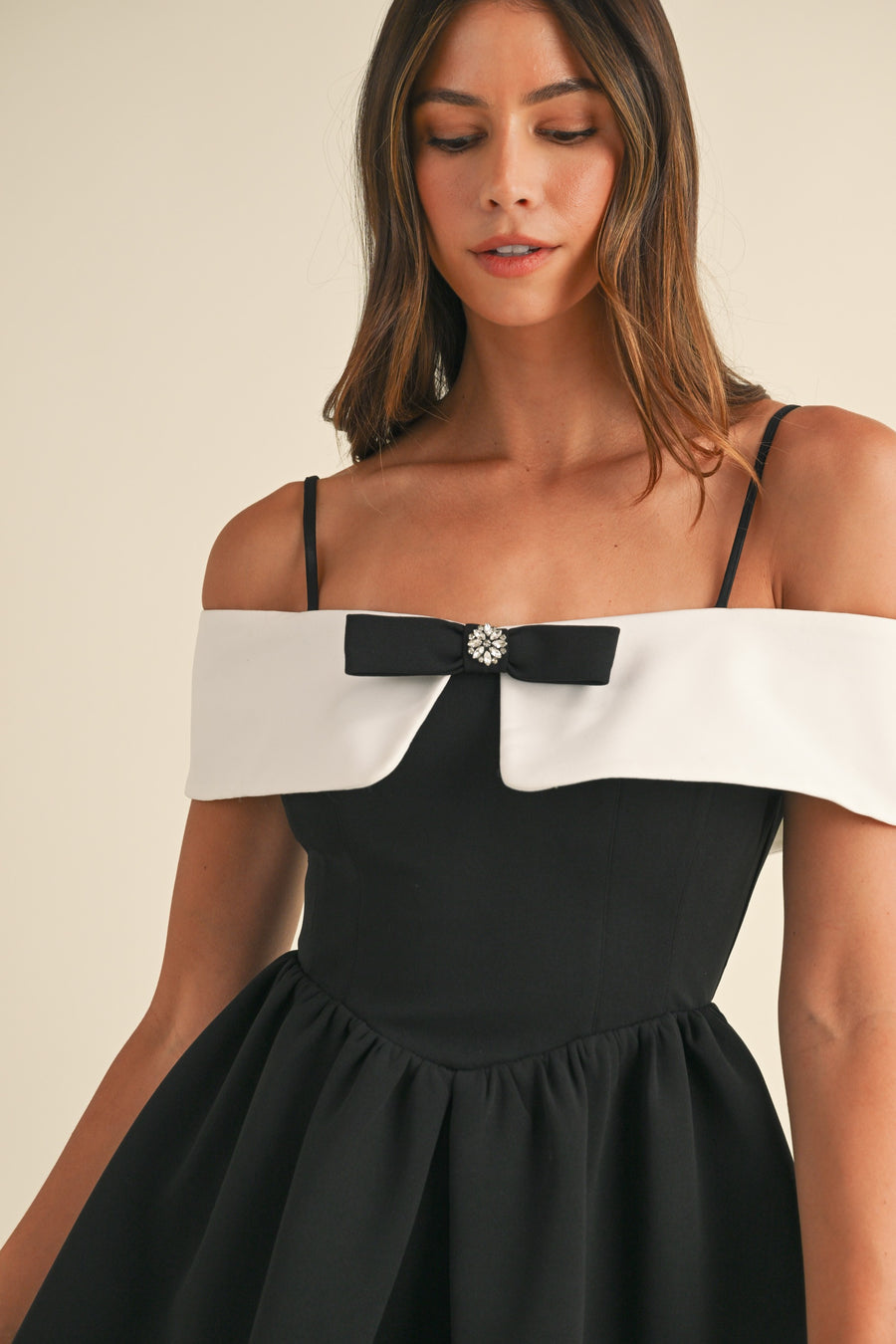 Bow Detail Off Shoulder Contrast Fit & Flare Dress