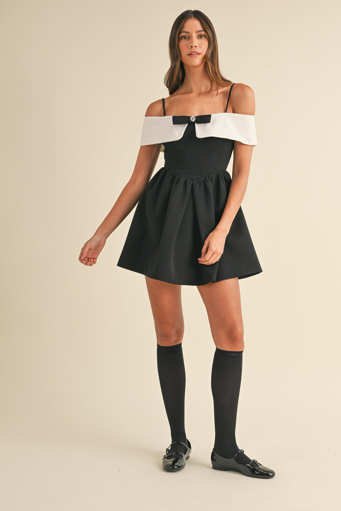 Bow Detail Off Shoulder Contrast Fit & Flare Dress