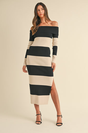 Off Shoulder Stripe Knit Maxi Dress