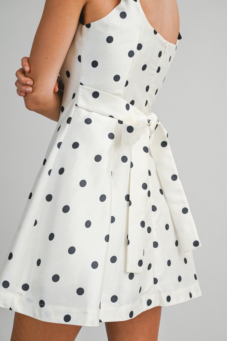 Polka Dot Satin Mini Dress with Bow Straps