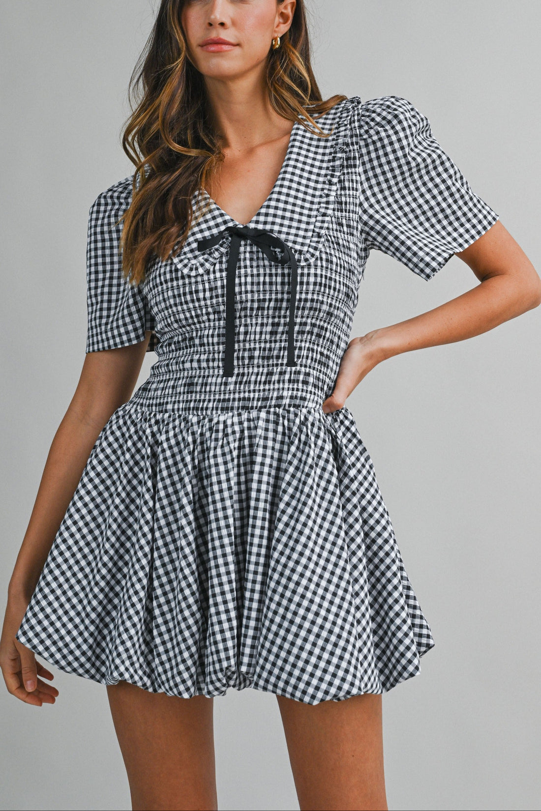 Gingham Peter Pan Collared Smocked Mini Dress