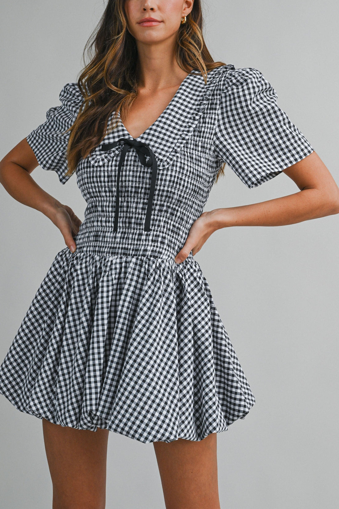 Gingham Peter Pan Collared Smocked Mini Dress