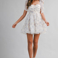 Romantic Floral Organza Mini Dress with Bow Straps
