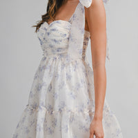 Romantic Floral Organza Mini Dress with Bow Straps