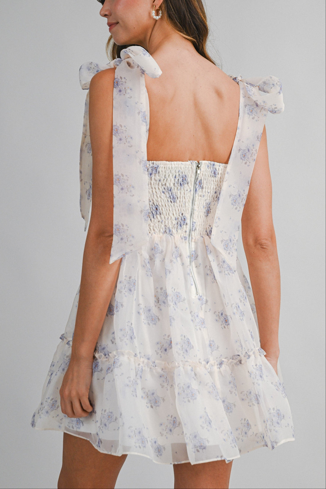 Romantic Floral Organza Mini Dress with Bow Straps