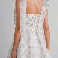 Romantic Floral Organza Mini Dress with Bow Straps