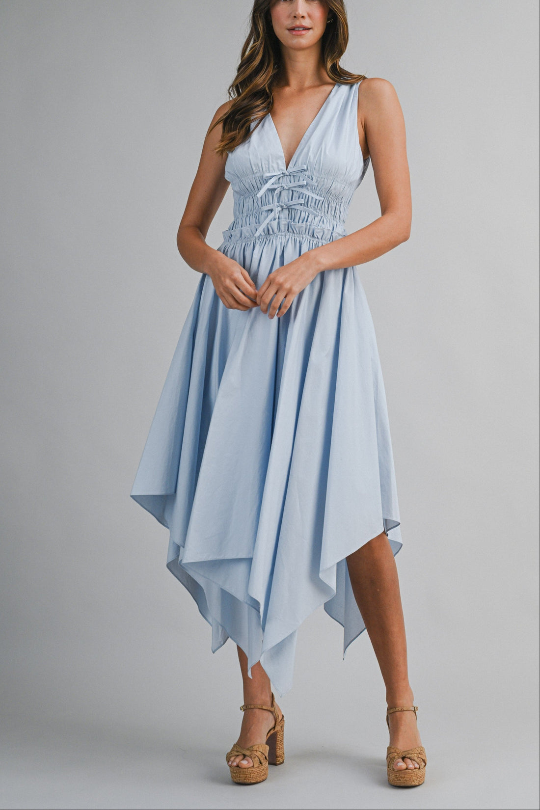 Sky Blue Cotton Handkerchief Hem Midi Dress