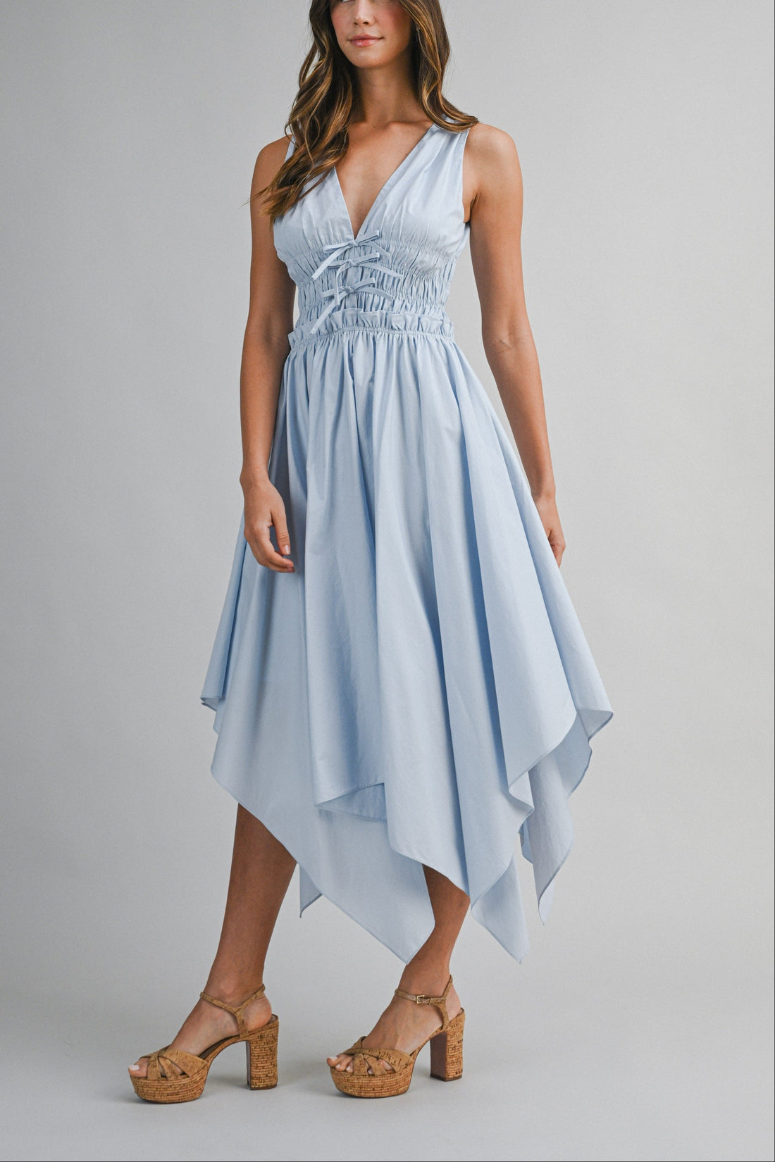 Sky Blue Cotton Handkerchief Hem Midi Dress