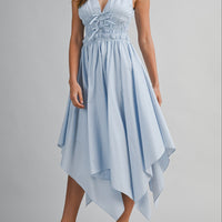 Sky Blue Cotton Handkerchief Hem Midi Dress