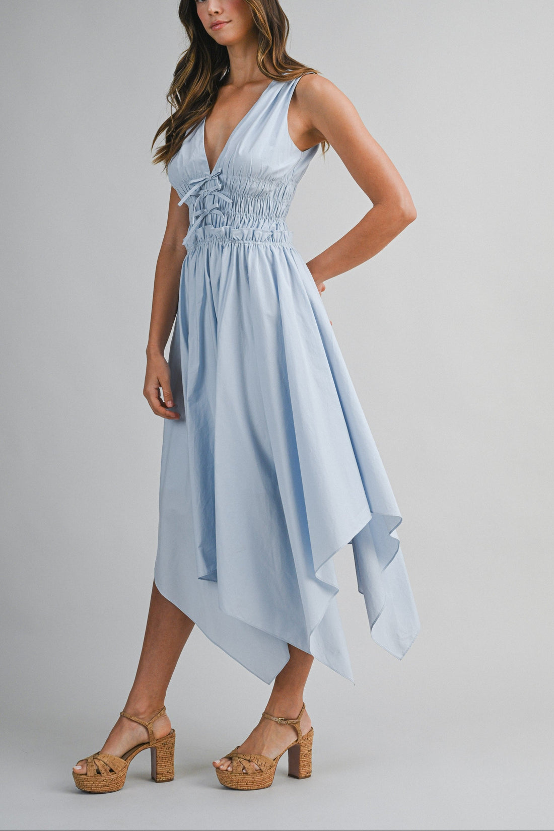 Sky Blue Cotton Handkerchief Hem Midi Dress