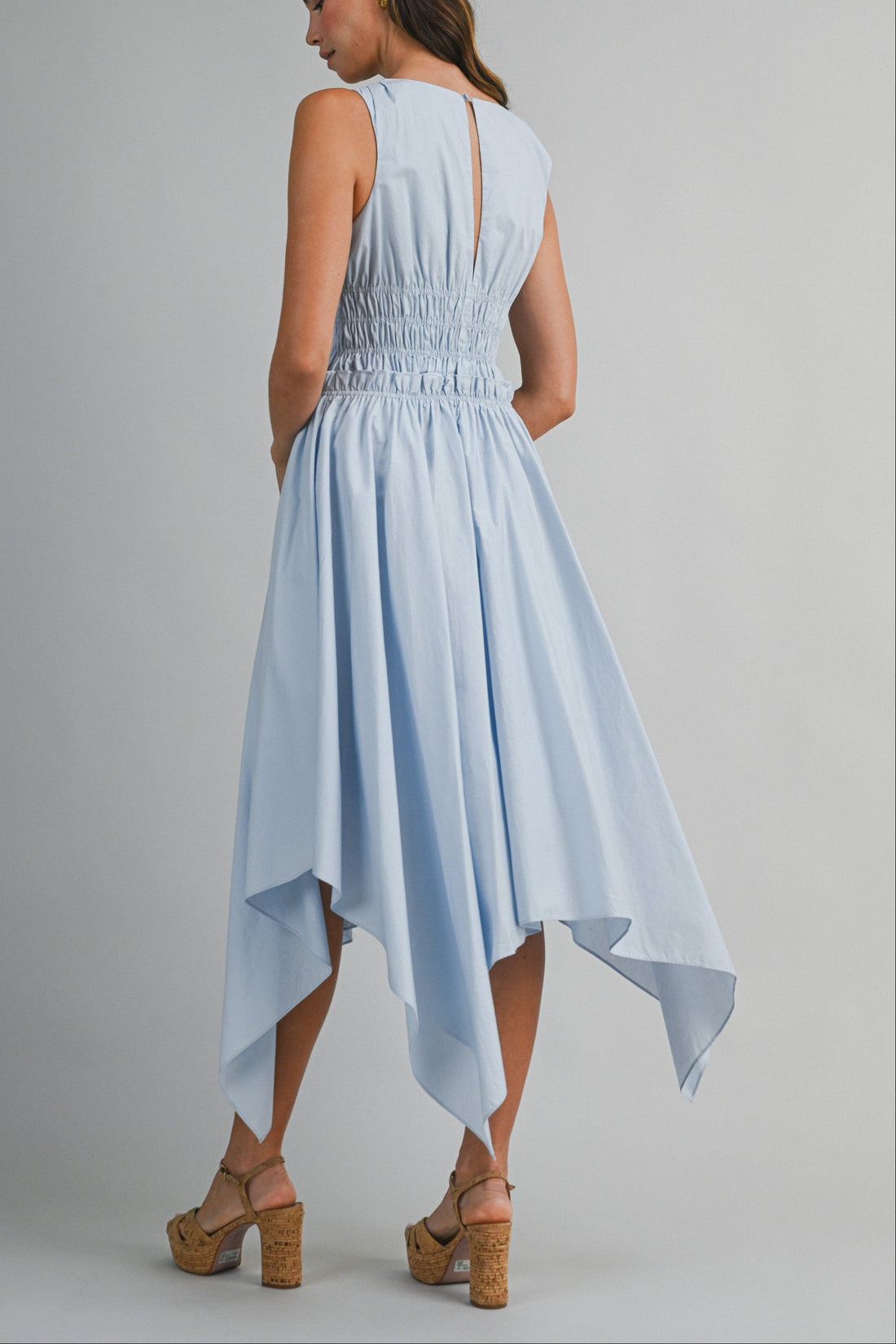 Sky Blue Cotton Handkerchief Hem Midi Dress