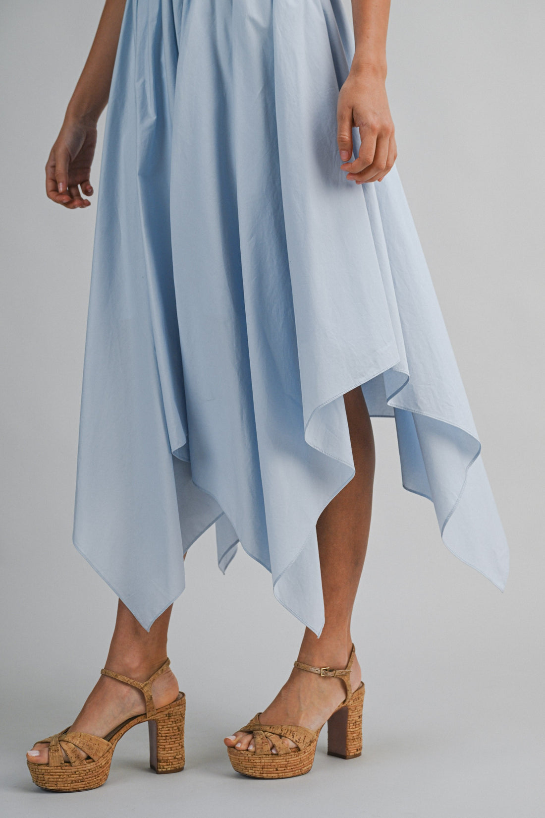Sky Blue Cotton Handkerchief Hem Midi Dress
