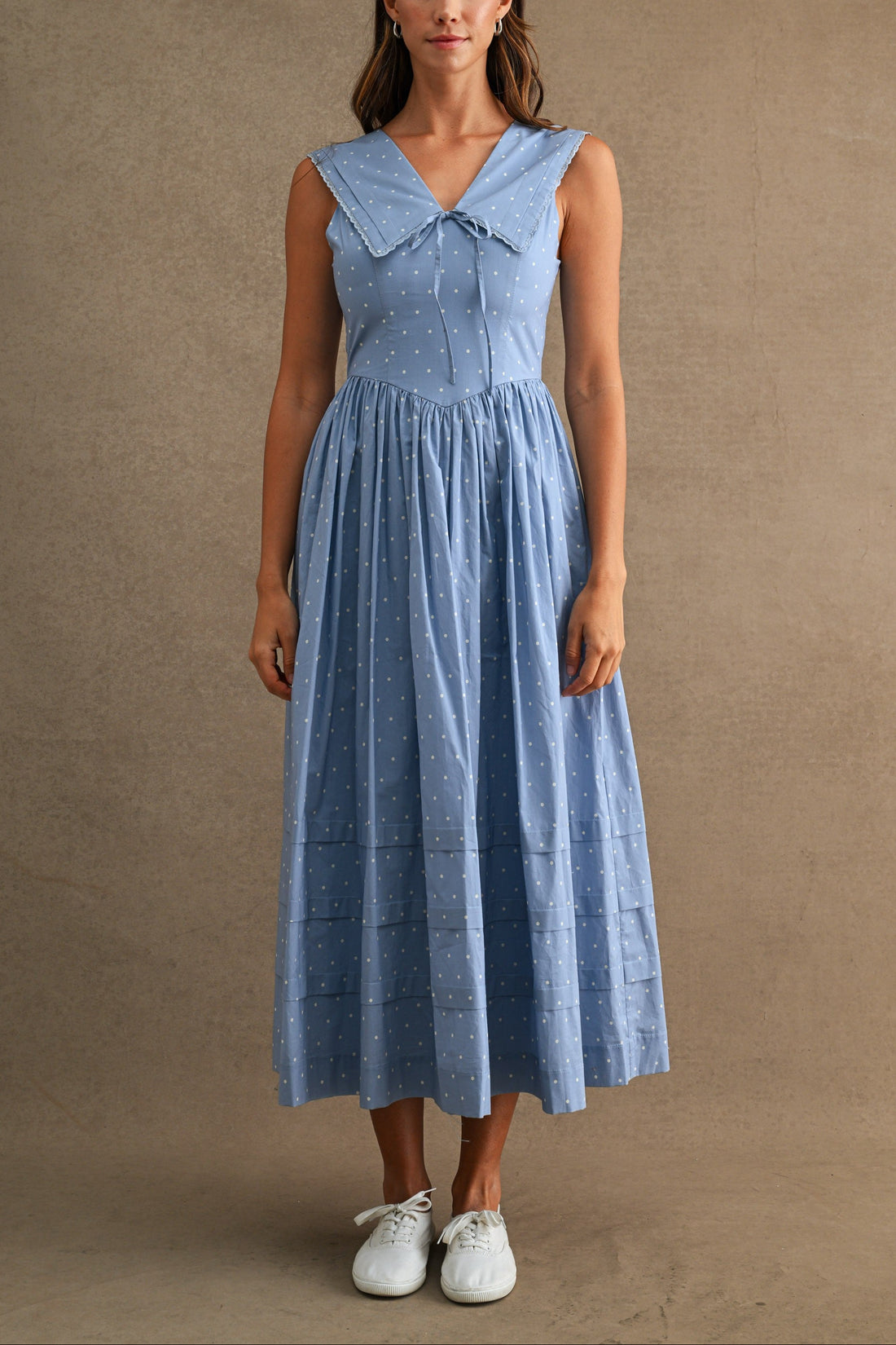 Polka Dot Sailor Collar Midi Dress