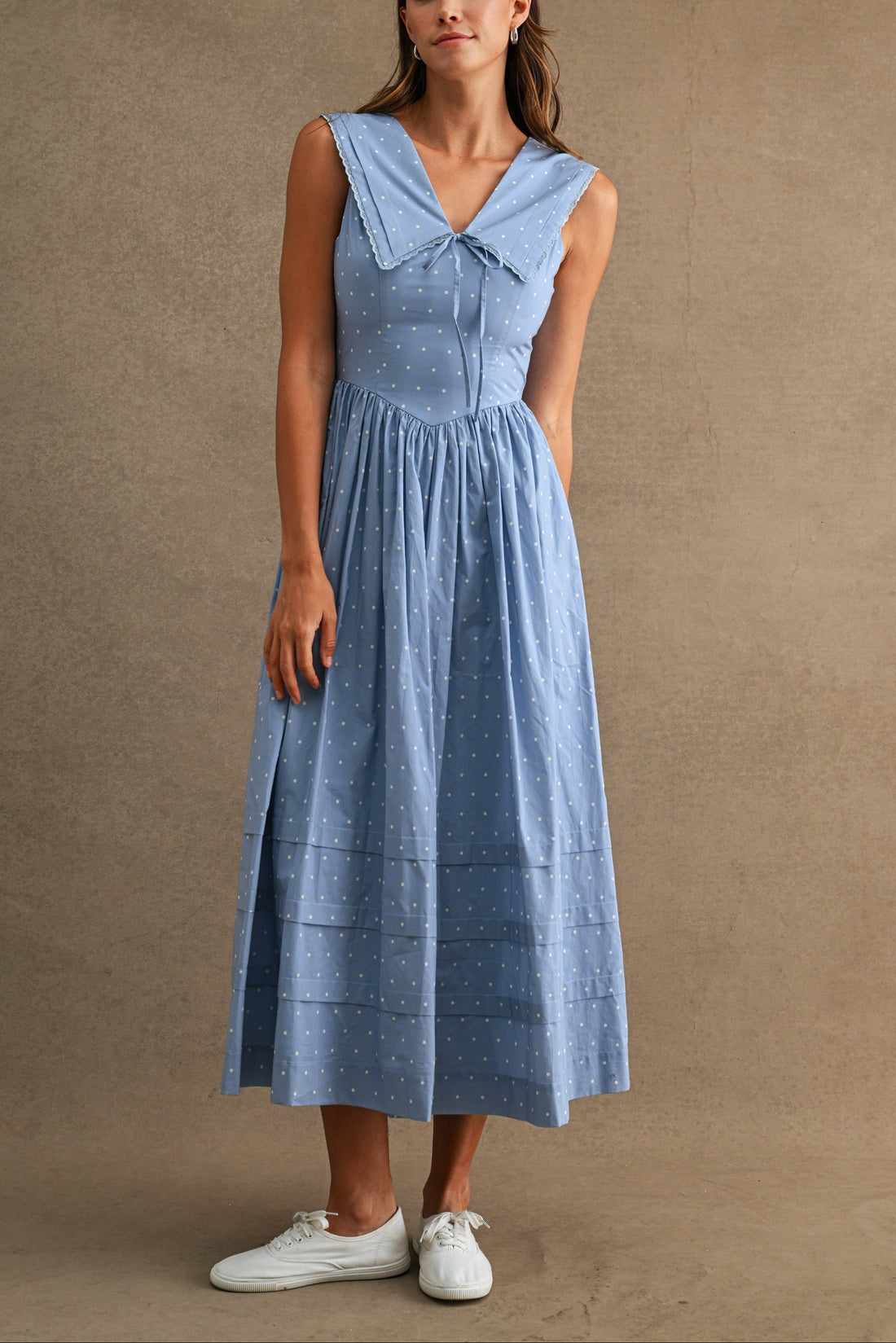 Polka Dot Sailor Collar Midi Dress
