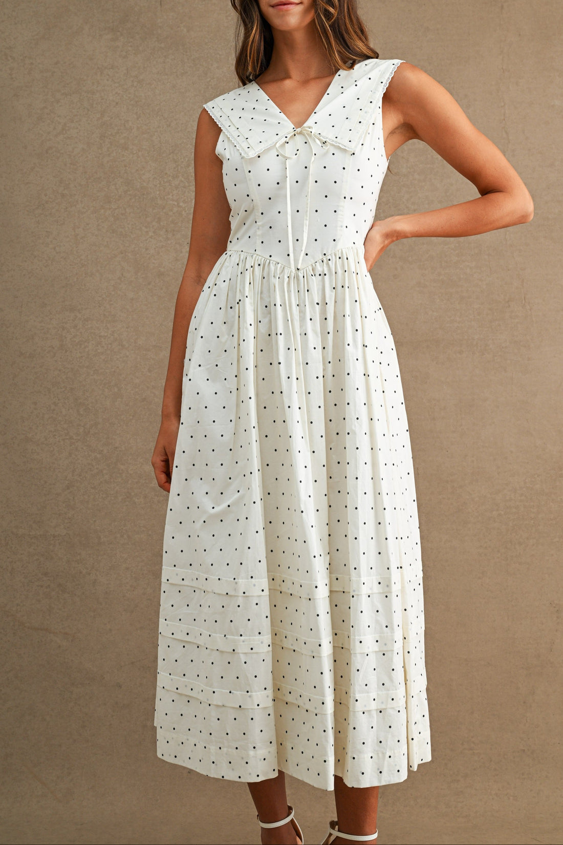 Polka Dot Sailor Collar Midi Dress