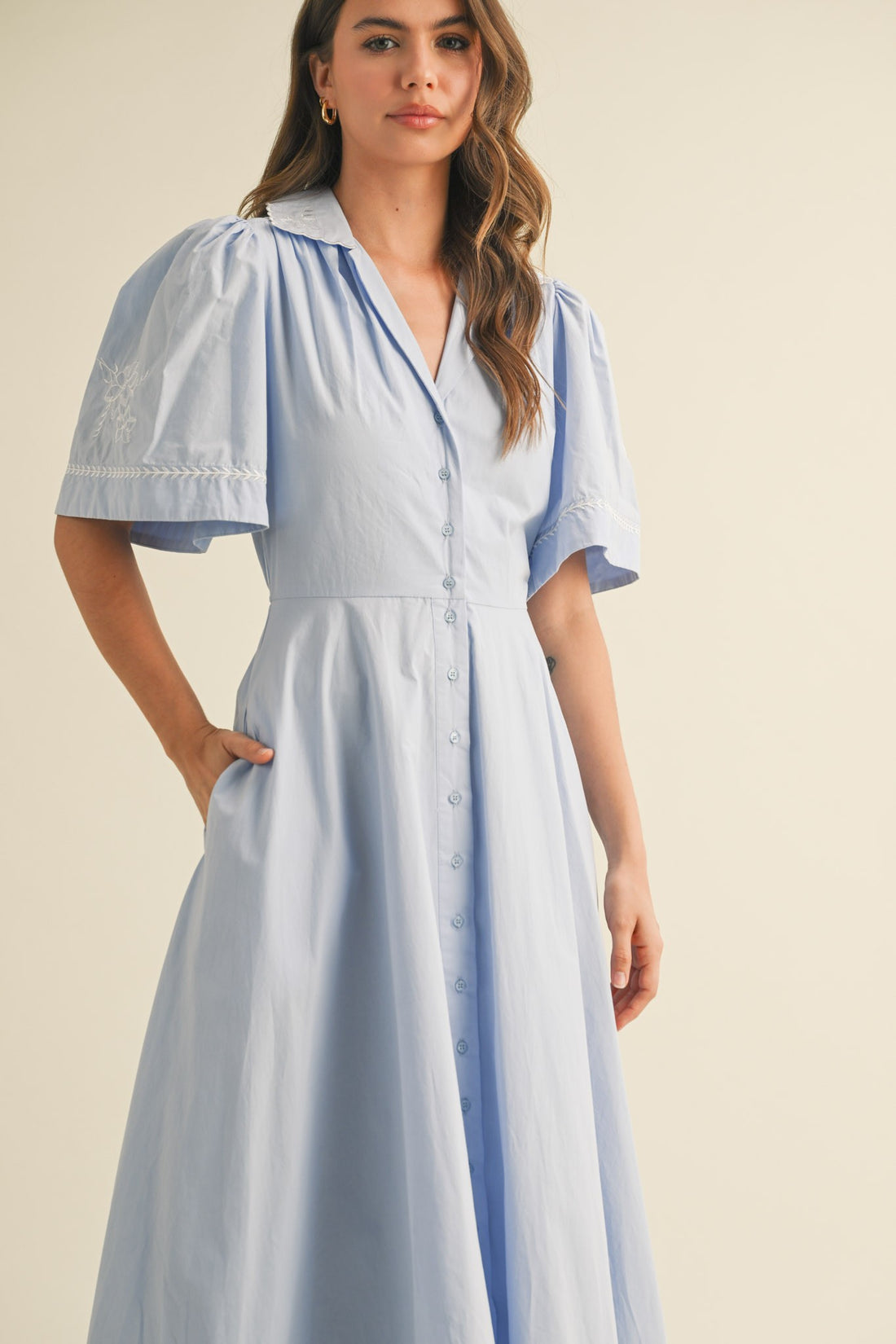 Embroidery Floral Button Down Maxi Dress