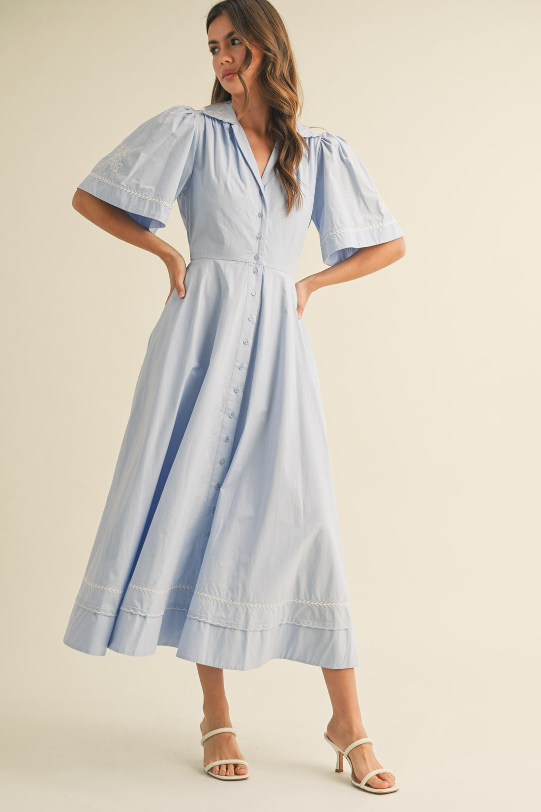 Embroidery Floral Button Down Maxi Dress