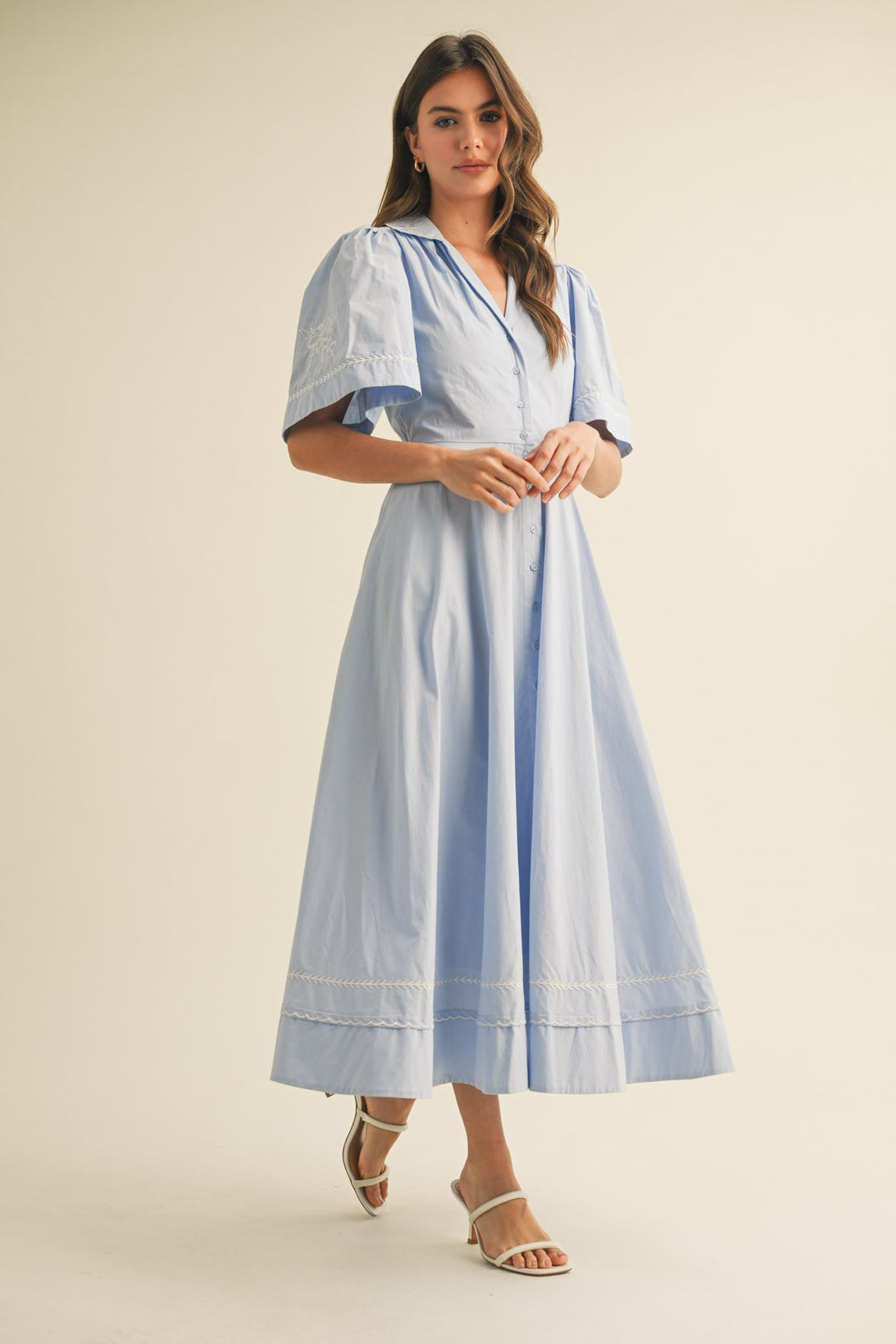 Embroidery Floral Button Down Maxi Dress