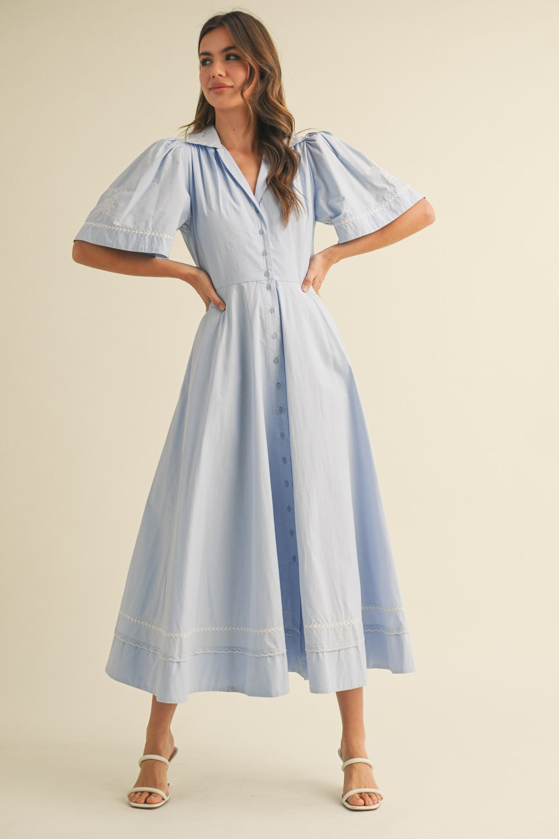 Embroidery Floral Button Down Maxi Dress