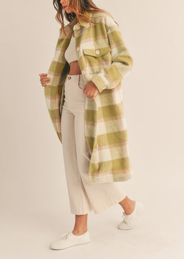 Plaid Button Down Midi Shacket-Kiwi