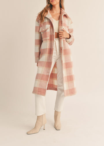 Plaid Button Down Midi Shacket-Blush